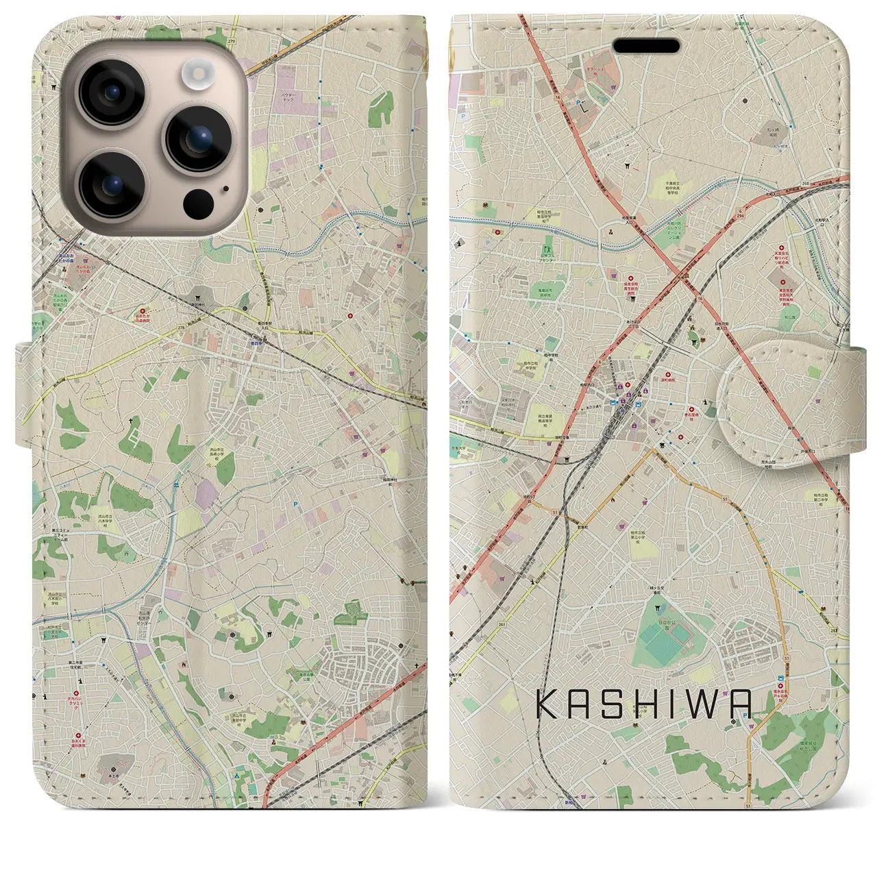 【柏（千葉県）】地図柄iPhoneケース（手帳タイプ）ナチュラル・iPhone 16 Plus 用