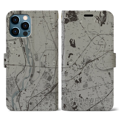 【かしわ台（神奈川県）】地図柄iPhoneケース（手帳タイプ）モノトーン・iPhone 12 / 12 Pro 用