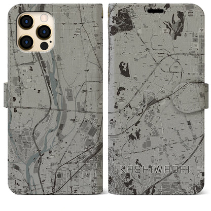 【かしわ台（神奈川県）】地図柄iPhoneケース（手帳タイプ）モノトーン・iPhone 12 Pro Max 用