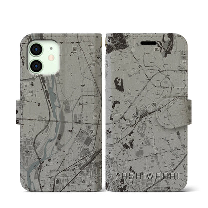 【かしわ台（神奈川県）】地図柄iPhoneケース（手帳タイプ）モノトーン・iPhone 12 mini 用