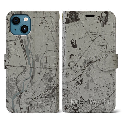 【かしわ台（神奈川県）】地図柄iPhoneケース（手帳タイプ）モノトーン・iPhone 13 用
