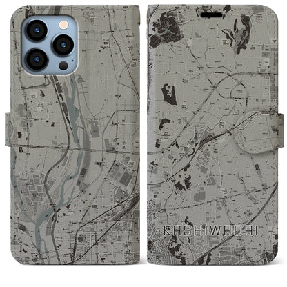 【かしわ台（神奈川県）】地図柄iPhoneケース（手帳タイプ）モノトーン・iPhone 13 Pro Max 用