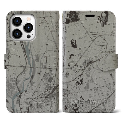 【かしわ台（神奈川県）】地図柄iPhoneケース（手帳タイプ）モノトーン・iPhone 13 Pro 用