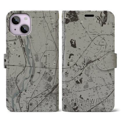 【かしわ台（神奈川県）】地図柄iPhoneケース（手帳タイプ）モノトーン・iPhone 14 用