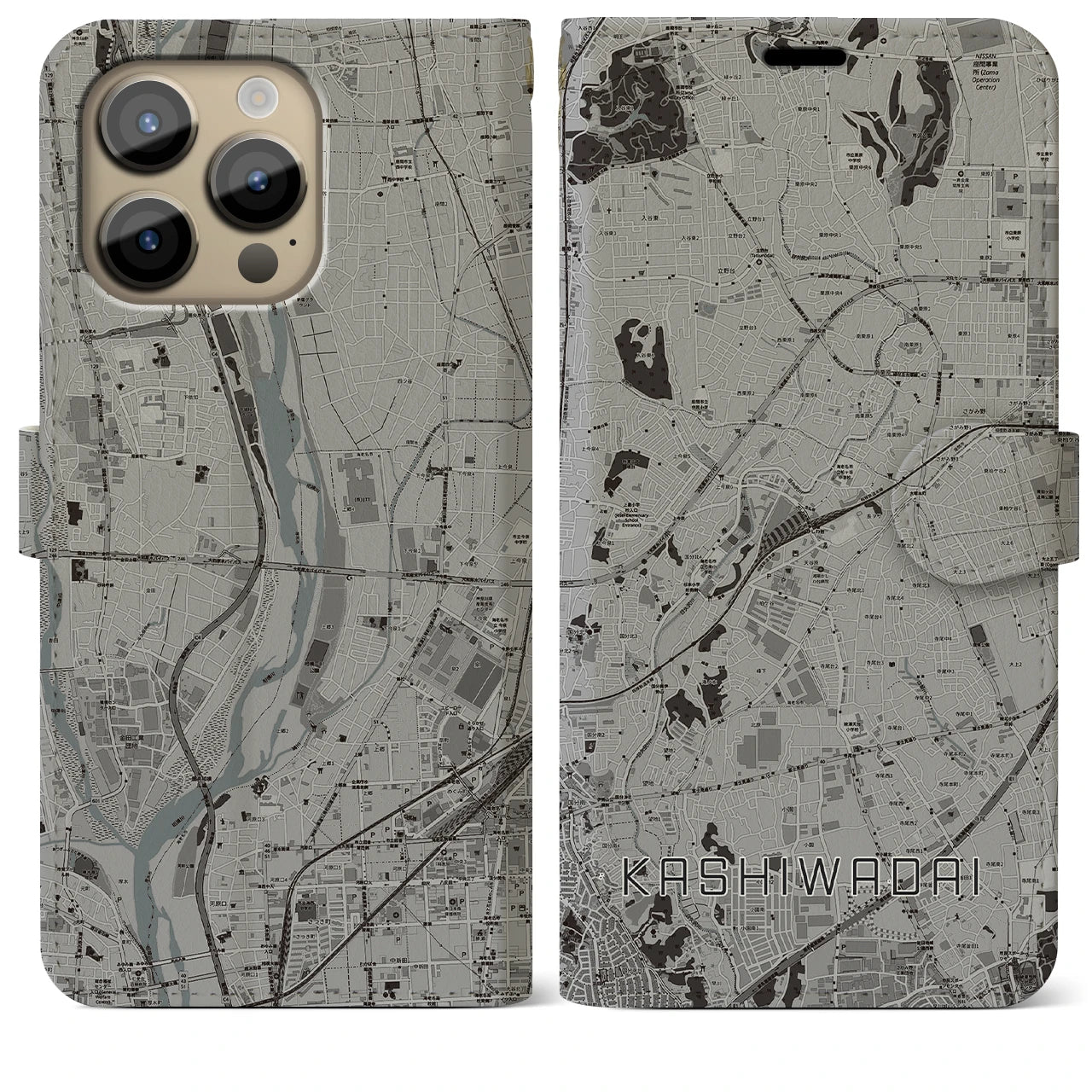 【かしわ台】地図柄iPhoneケース（手帳両面タイプ・モノトーン）iPhone 14 Pro Max 用