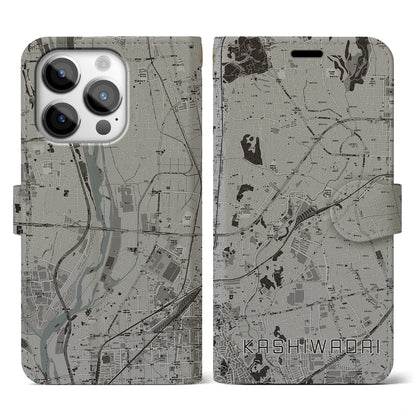 【かしわ台（神奈川県）】地図柄iPhoneケース（手帳タイプ）モノトーン・iPhone 14 Pro 用