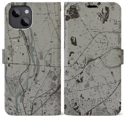 【かしわ台（神奈川県）】地図柄iPhoneケース（手帳タイプ）モノトーン・iPhone 14 Plus 用