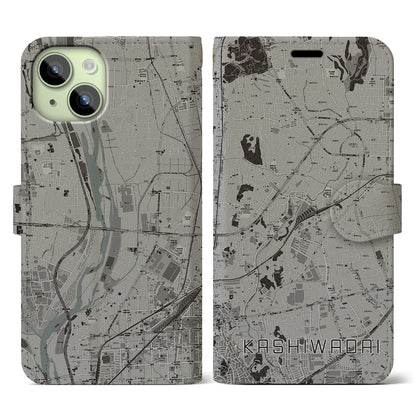 【かしわ台（神奈川県）】地図柄iPhoneケース（手帳タイプ）モノトーン・iPhone 15 用