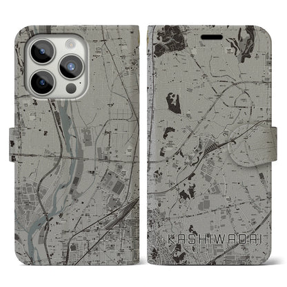 【かしわ台（神奈川県）】地図柄iPhoneケース（手帳タイプ）モノトーン・iPhone 15 Pro 用