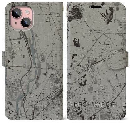 【かしわ台（神奈川県）】地図柄iPhoneケース（手帳タイプ）モノトーン・iPhone 15 Plus 用