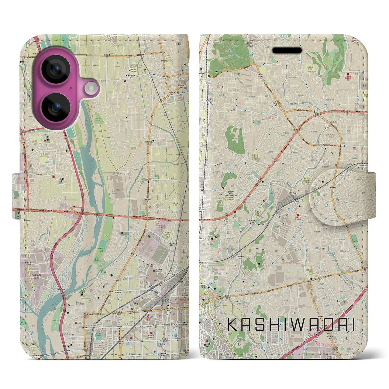 【かしわ台（神奈川県）】地図柄iPhoneケース（手帳タイプ）ナチュラル・iPhone 16 Pro 用