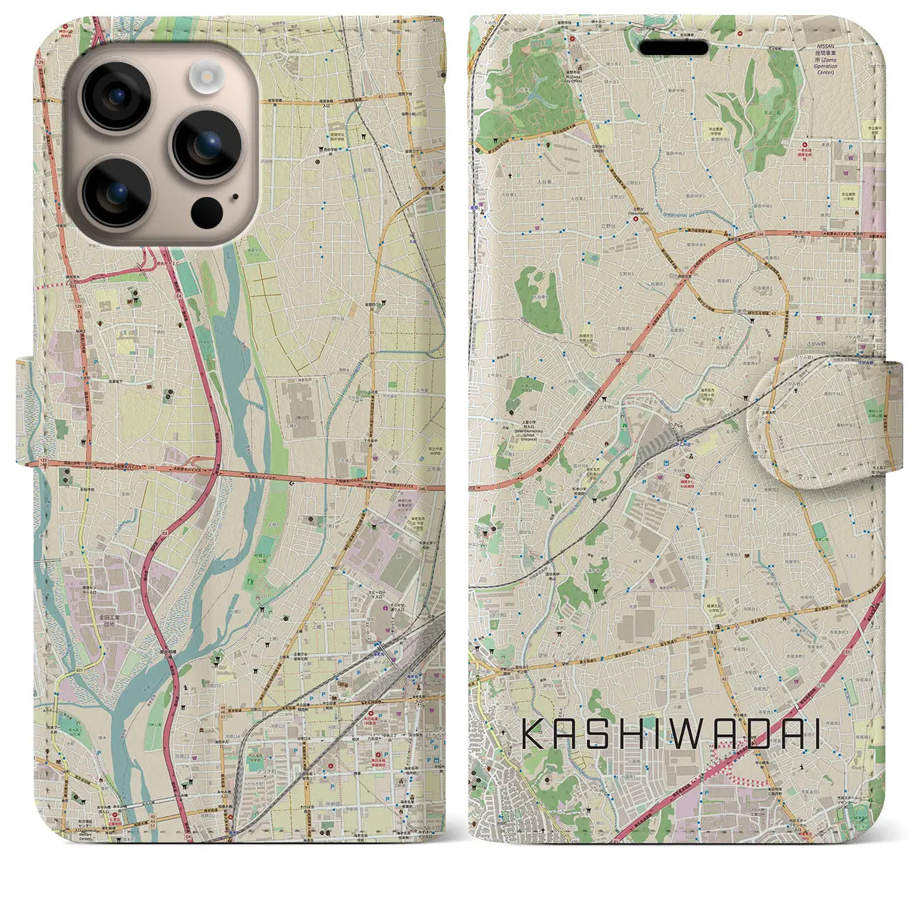 【かしわ台（神奈川県）】地図柄iPhoneケース（手帳タイプ）ナチュラル・iPhone 16 Plus 用