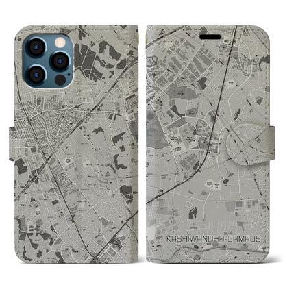 【柏の葉キャンパス（千葉県）】地図柄iPhoneケース（手帳タイプ）モノトーン・iPhone 12 / 12 Pro 用
