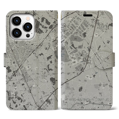 【柏の葉キャンパス（千葉県）】地図柄iPhoneケース（手帳タイプ）モノトーン・iPhone 13 Pro 用