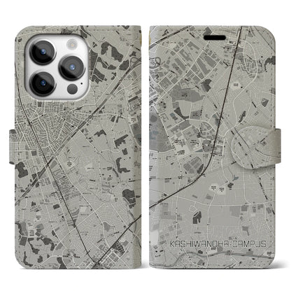 【柏の葉キャンパス（千葉県）】地図柄iPhoneケース（手帳タイプ）モノトーン・iPhone 14 Pro 用