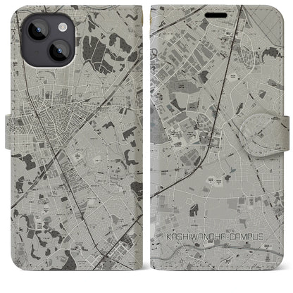 【柏の葉キャンパス（千葉県）】地図柄iPhoneケース（手帳タイプ）モノトーン・iPhone 14 Plus 用