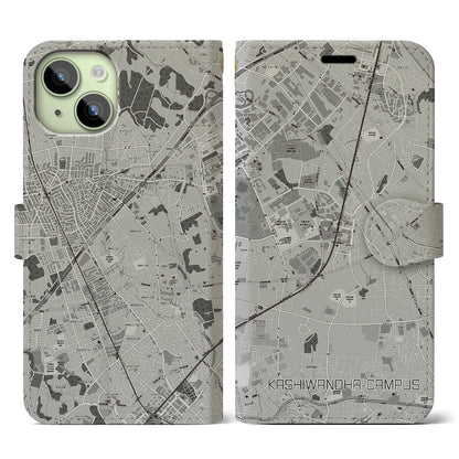 【柏の葉キャンパス（千葉県）】地図柄iPhoneケース（手帳タイプ）モノトーン・iPhone 15 用