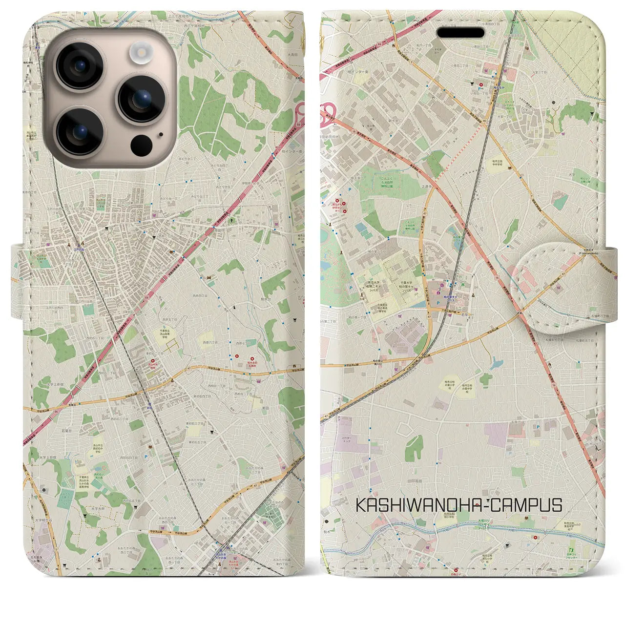 【柏の葉キャンパス（千葉県）】地図柄iPhoneケース（手帳タイプ）ナチュラル・iPhone 16 Plus 用