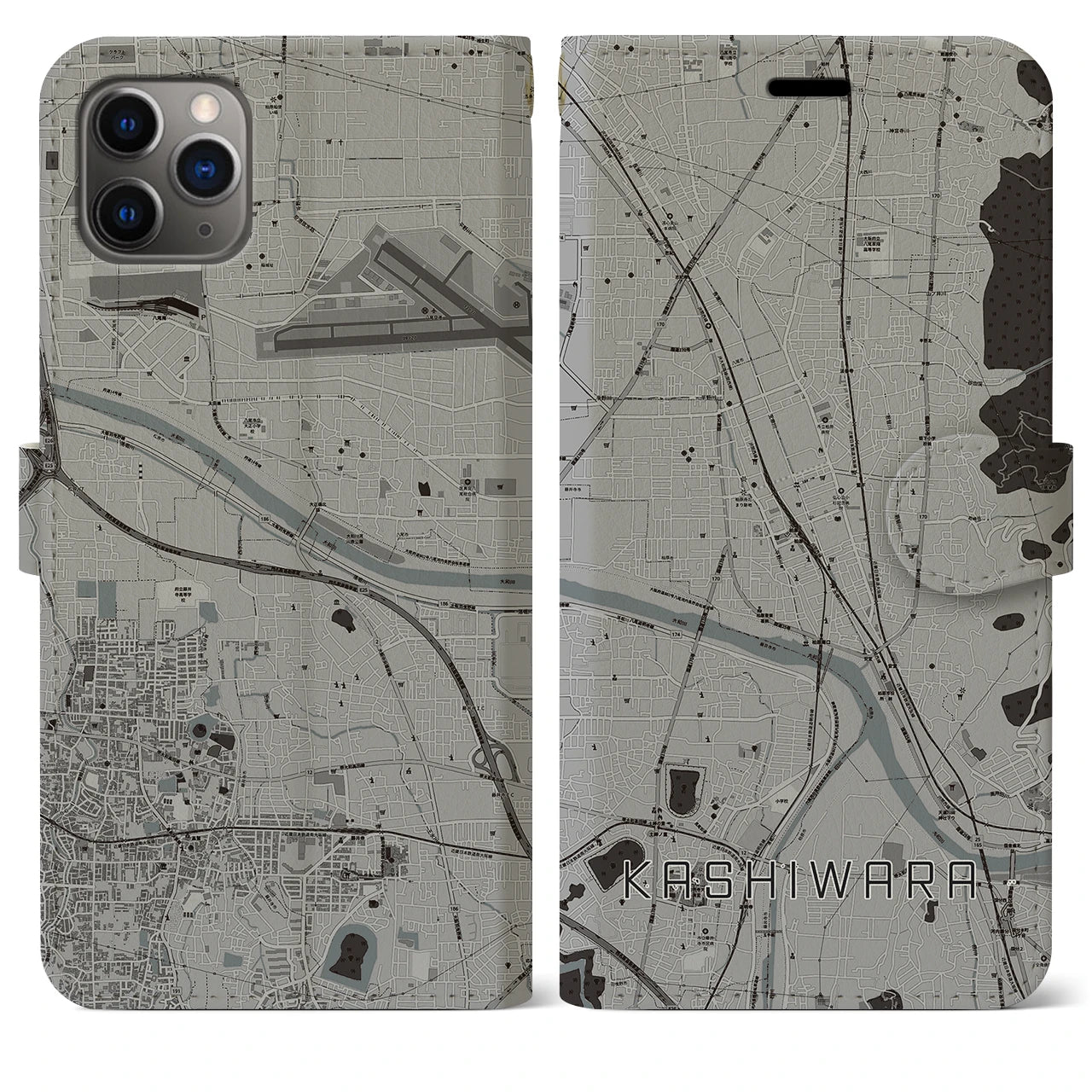 【柏原】地図柄iPhoneケース（手帳両面タイプ・モノトーン）iPhone 11 Pro Max 用