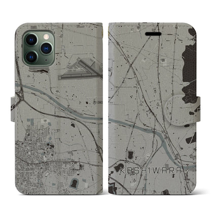 【柏原（大阪府）】地図柄iPhoneケース（手帳タイプ）モノトーン・iPhone 11 Pro 用