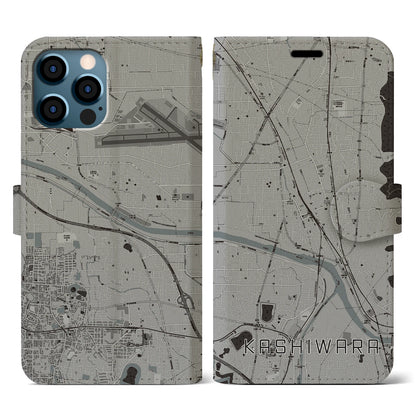【柏原（大阪府）】地図柄iPhoneケース（手帳タイプ）モノトーン・iPhone 12 / 12 Pro 用