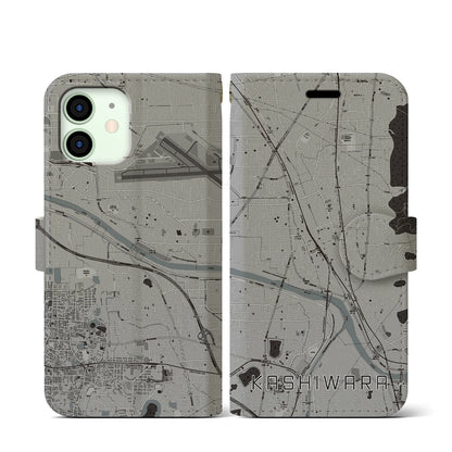 【柏原（大阪府）】地図柄iPhoneケース（手帳タイプ）モノトーン・iPhone 12 mini 用