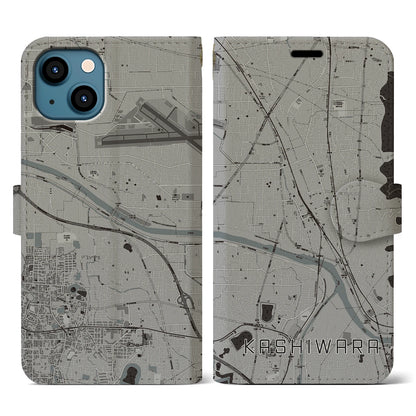 【柏原（大阪府）】地図柄iPhoneケース（手帳タイプ）モノトーン・iPhone 13 用