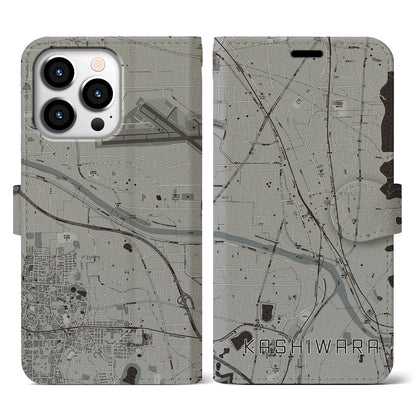 【柏原（大阪府）】地図柄iPhoneケース（手帳タイプ）モノトーン・iPhone 13 Pro 用