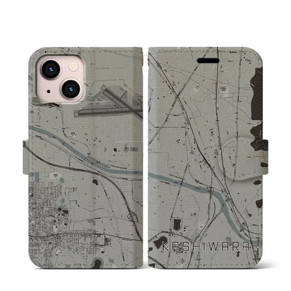 【柏原（大阪府）】地図柄iPhoneケース（手帳タイプ）モノトーン・iPhone 13 mini 用