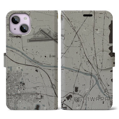 【柏原（大阪府）】地図柄iPhoneケース（手帳タイプ）モノトーン・iPhone 14 用