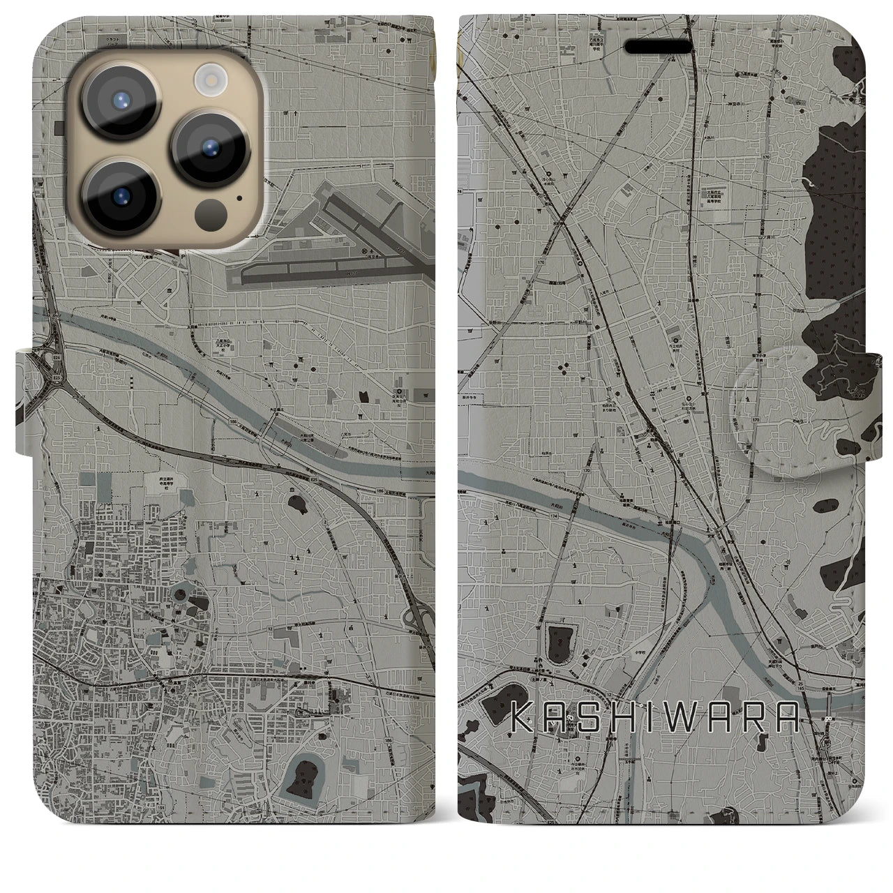 【柏原】地図柄iPhoneケース（手帳両面タイプ・モノトーン）iPhone 14 Pro Max 用