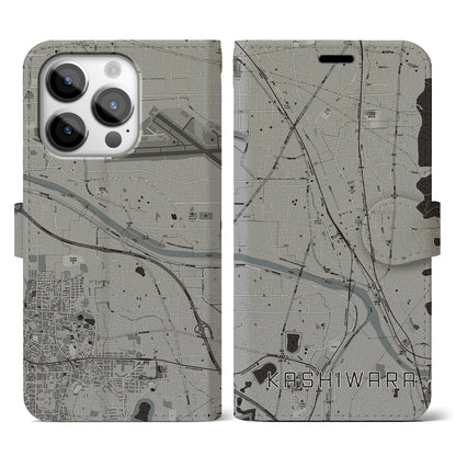 【柏原（大阪府）】地図柄iPhoneケース（手帳タイプ）モノトーン・iPhone 14 Pro 用