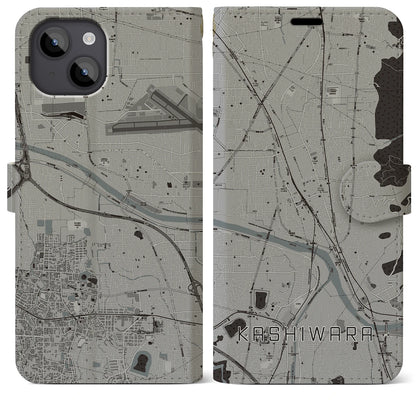 【柏原（大阪府）】地図柄iPhoneケース（手帳タイプ）モノトーン・iPhone 14 Plus 用