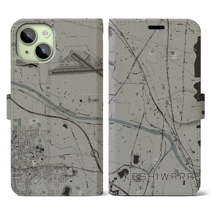 【柏原（大阪府）】地図柄iPhoneケース（手帳タイプ）モノトーン・iPhone 15 用