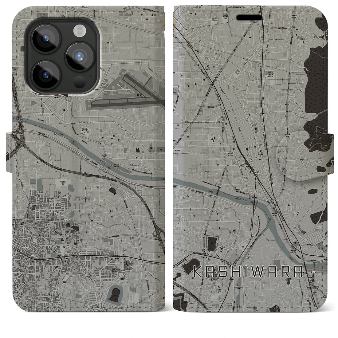 【柏原】地図柄iPhoneケース（手帳両面タイプ・モノトーン）iPhone 15 Pro Max 用