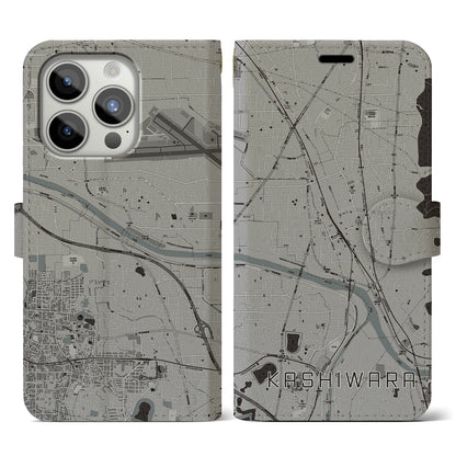 【柏原（大阪府）】地図柄iPhoneケース（手帳タイプ）モノトーン・iPhone 15 Pro 用