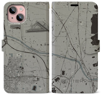【柏原（大阪府）】地図柄iPhoneケース（手帳タイプ）モノトーン・iPhone 15 Plus 用