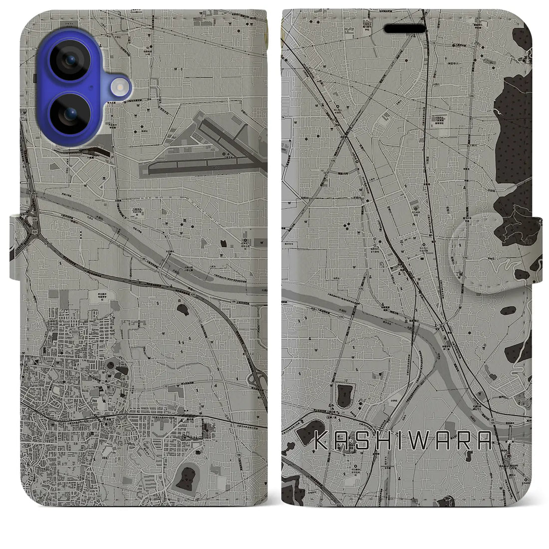 【柏原(大阪府)】地図柄iPhoneケース(手帳タイプ)モノトーン・iPhone 16 Pro Max 用