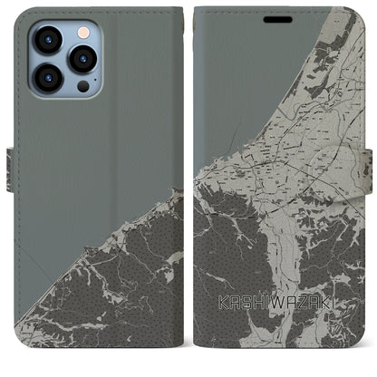 【柏崎（新潟県）】地図柄iPhoneケース（手帳タイプ）モノトーン・iPhone 13 Pro Max 用