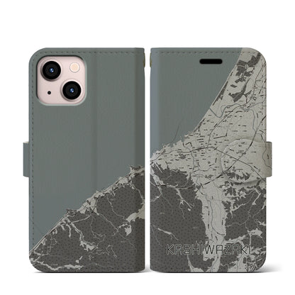 【柏崎（新潟県）】地図柄iPhoneケース（手帳タイプ）モノトーン・iPhone 13 mini 用