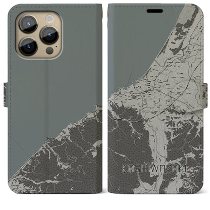 【柏崎（新潟県）】地図柄iPhoneケース（手帳タイプ）モノトーン・iPhone 14 Pro Max 用