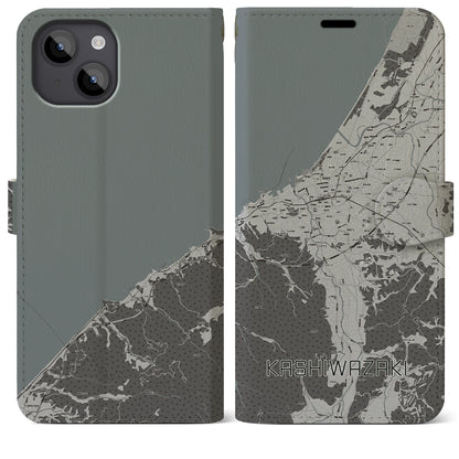 【柏崎（新潟県）】地図柄iPhoneケース（手帳タイプ）モノトーン・iPhone 14 Plus 用