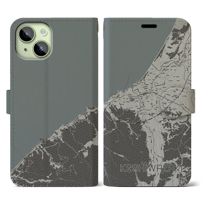 【柏崎（新潟県）】地図柄iPhoneケース（手帳タイプ）モノトーン・iPhone 15 用