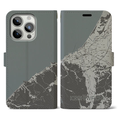 【柏崎（新潟県）】地図柄iPhoneケース（手帳タイプ）モノトーン・iPhone 15 Pro 用