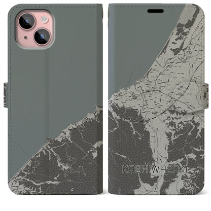 【柏崎（新潟県）】地図柄iPhoneケース（手帳タイプ）モノトーン・iPhone 15 Plus 用