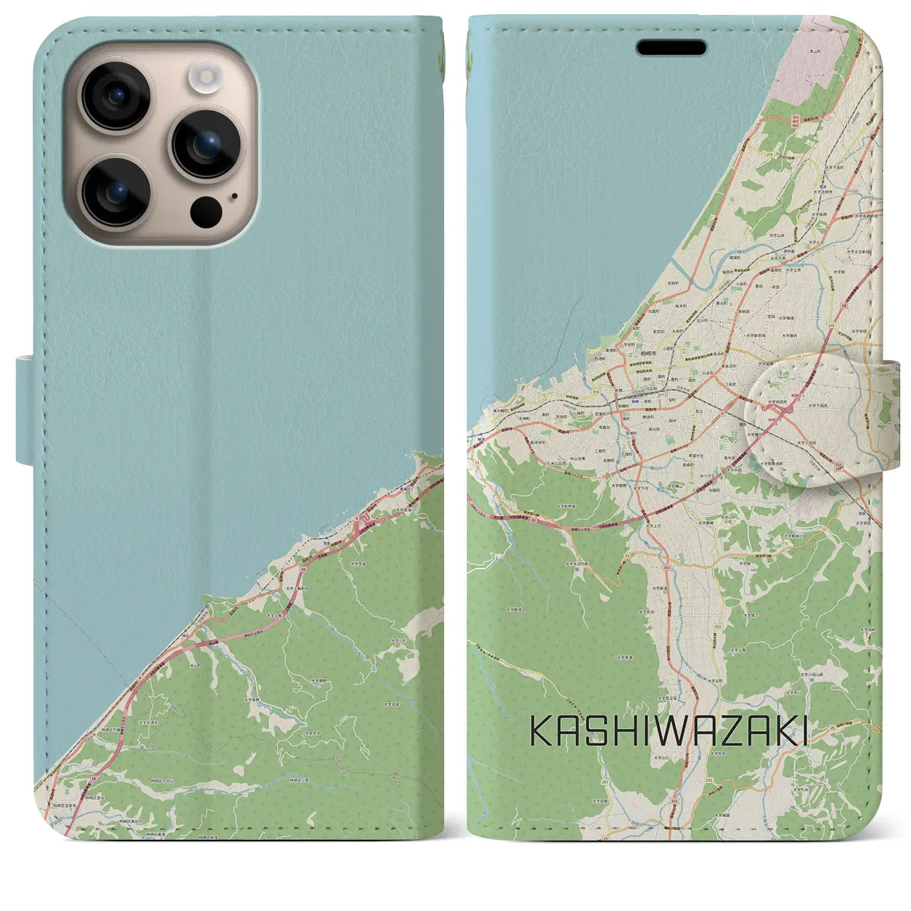 【柏崎（新潟県）】地図柄iPhoneケース（手帳タイプ）ナチュラル・iPhone 16 Plus 用