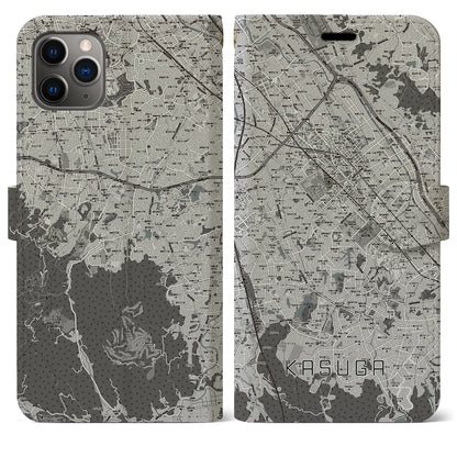 【春日（福岡県）】地図柄iPhoneケース（手帳タイプ）モノトーン・iPhone 11 Pro Max 用