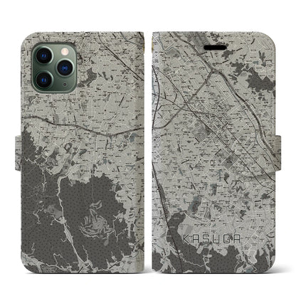 【春日（福岡県）】地図柄iPhoneケース（手帳タイプ）モノトーン・iPhone 11 Pro 用