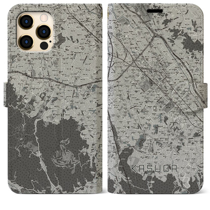 【春日（福岡県）】地図柄iPhoneケース（手帳タイプ）モノトーン・iPhone 12 Pro Max 用