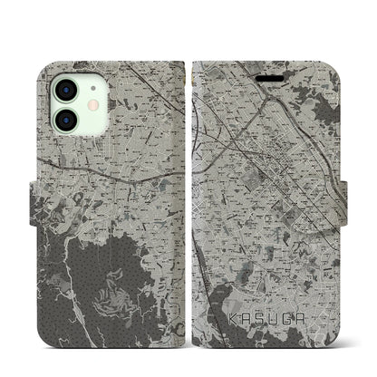 【春日（福岡県）】地図柄iPhoneケース（手帳タイプ）モノトーン・iPhone 12 mini 用